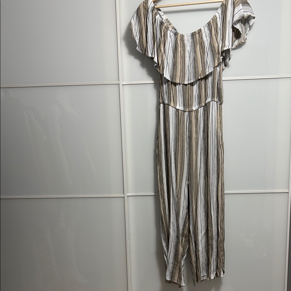 Tribal White and Brown Striped Off-Shoulder Jumpsuit